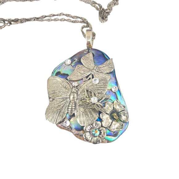 Handcrafted Abalone & Silver Butterfly Pendant Necklace With 925 Chain From Ital - Picture 7 of 7